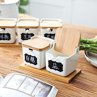 日式创意陶瓷调味罐竹木调料盒盐罐厨房家用调味瓶套装 两个装(送贴纸+笔)
