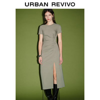 URBAN REVIVO 女收褶开衩圆领修身连衣裙 UWJ740014 绿卡其 M