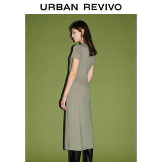 URBAN REVIVO 女收褶开衩圆领修身连衣裙 UWJ740014 绿卡其 XL