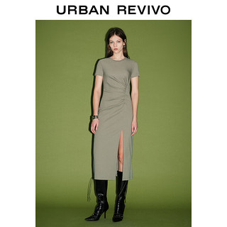 URBAN REVIVO 女收褶开衩圆领修身连衣裙 UWJ740014