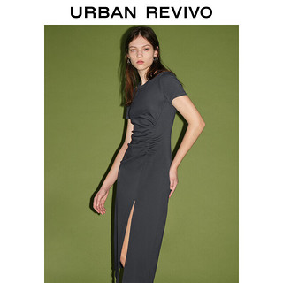 URBAN REVIVO 女收褶开衩圆领修身连衣裙 UWJ740014