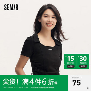 Semir 森马 POLO衫女短款小心机抽绳上衣紧身显瘦夏季简约字母套头衫百搭 黑色90001 165/88A/L