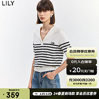 LILY2024夏女装复古海军领时尚百搭条纹显瘦收腰毛针织衫上衣 601白色 S