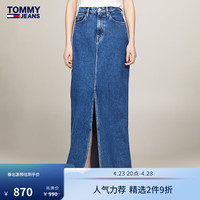 TOMMY JEANS24春夏女装复古斜纹开叉高腰直筒牛仔半身裙DW0DW17673 深牛仔蓝1A5 27