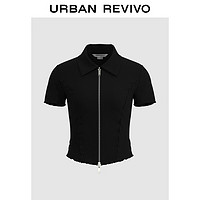 URBAN REVIVO 女士潮流双拉链修身花边短袖开襟衬衫 UWV240034 正黑 XS