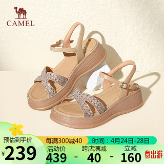 骆驼（CAMEL）坡跟凉鞋女度假风牛皮闪钻条带搭扣凉鞋 L24M040624 杏/浅金 38