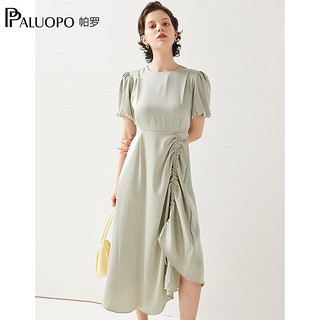 帕罗（PALUOPO）24连衣裙子通勤纯色小香风设计感修身简约公主风短袖中长裙 淡灰绿 M(160/84A)