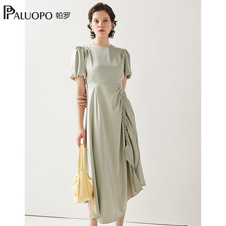 帕罗（PALUOPO）24连衣裙子通勤纯色小香风设计感修身简约公主风短袖中长裙 淡灰绿 M(160/84A)