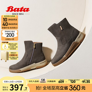 Bata 拔佳 户外靴女商场牛皮厚底休闲时尚百搭短靴AWW47DD3 灰色-单里 39