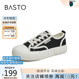 BASTO 百思图 春帆布鞋厚底板鞋女运动休闲平底鞋VC204CM2 黑色 37