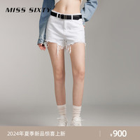 MISS SIXTY2024夏季白色牛仔短裤女高腰磨破洞拉须显瘦直筒 白色 23
