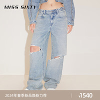 MISS SIXTY2024春季牛仔裤女可调节高腰显瘦破洞宽松直筒长裤 浅蓝 26