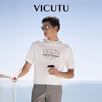 VICUTU 威可多 男士短袖T恤舒适100%棉时尚印花休闲百搭白色圆领半袖