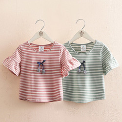 贝壳元素 宝宝条纹短袖T恤夏装新款女童童装儿童喇叭袖上衣txa359