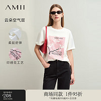 AMII2024夏圆领玫瑰线条印花刺绣落肩短袖T恤女空气层12442157 米白 155/80A/S