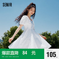 Semir 森马 连衣裙女方领泡泡袖宽松显瘦短裙温柔俏皮夏101422114003