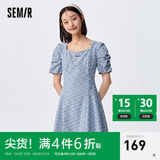 Semir 森马 连衣裙女设计感绣花时尚复古小众夏气质方领短裙优雅个性女生 蓝色调00488 165/88A/L