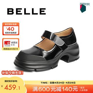 BeLLE 百丽 复古玛丽珍鞋女24春季增高粗跟魔术贴单鞋B1882AQ4 黑色 37