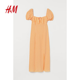 H&M 女装裙子夏季新款泡泡袖方领梭织中长款连衣裙0965429 深黄色/格纹 165/92