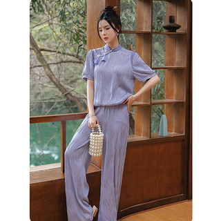 新中式女套装紫色盘扣T恤上衣女阔腿库国风两件套