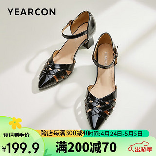 YEARCON 意尔康 女鞋包头凉鞋粗跟高跟尖头外穿法一字式扣带 26394W 黑色 38