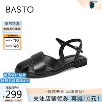 BASTO 百思图 夏舒适低跟圆头一字带女包头罗马凉鞋MB323BL3 黑色 38