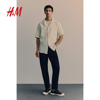 H&M男装上衣2024春季标准版型细棉布古巴领衬衫1158017 海军蓝 175/100