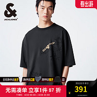 杰克·琼斯（JACK&JONES）夏罗纹圆领纯棉宽松海经印花字母刺绣短袖T恤男装224201174 E44 黑砂色 常规 175/96A/M