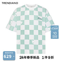 TRENDIANO潮流小熊印花T恤2024年夏季潮流男士上衣设计感 绿白格 M