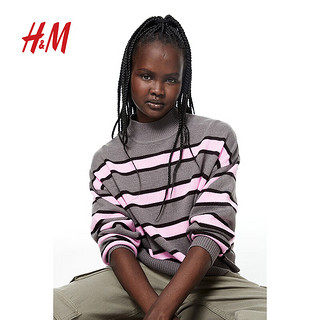 H&M 女装毛针织衫新款罗纹圆领洋气套衫1161768 深灰色/条纹