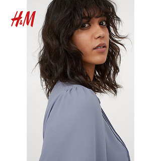 H&M女装衬衫夏季舒适宽松绉织细褶短袖休闲上衣0955644 鸽蓝色 155/80