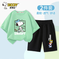 史努比男童短袖套装纯棉夏季儿童透气休闲两件套童装 绿 挥杆努比+黑 墨镜努比S 100