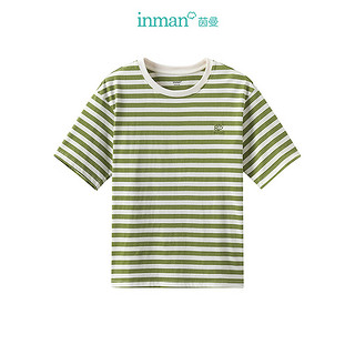 茵曼（INMAN）复古条纹T恤2024夏季女装短袖宽松百搭上衣 绿白条 S