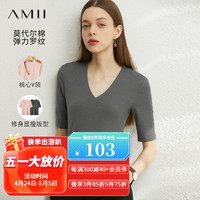 AMII2024夏百搭V领莫代尔棉中袖T恤女修身显瘦弹力罗纹12422166 深灰 165/88A/L