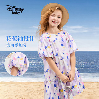 迪士尼（DISNEY）童装儿童女童短袖连衣裙泡泡袖不易皱田园裙子24夏DB421RE15紫160