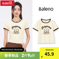 班尼路 T恤夏季2024美式复古女上衣撞色紧身圆领短款夏季穿搭 咖-美式月桂 S
