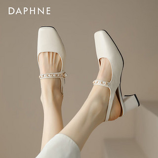 达芙妮单鞋女2024年夏季珍珠一字扣粗跟凉鞋法式小香风玛丽珍鞋 米白色 35