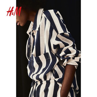 H&M女装衬衫2024夏季翻领透气亚麻廓形贴袋落肩长袖上衣1204900 海军蓝/条纹 155/80
