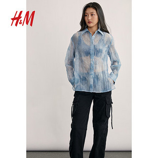 H&M女装衬衫2024夏季休闲透视翻领长袖皱感长袖上衣1233306 浅蓝色/图案 160/88