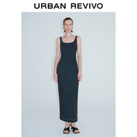 URBAN REVIVO 女士复古时髦收褶开衩牛仔连衣裙 UWJ840051 蓝色 L