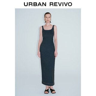 URBAN REVIVO 女士复古时髦收褶开衩牛仔连衣裙 UWJ840051 蓝色 L