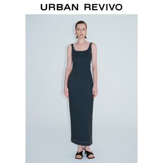 URBAN REVIVO 女士复古时髦收褶开衩牛仔连衣裙 UWJ840051 蓝色 L