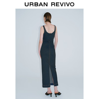 URBAN REVIVO 女士复古时髦收褶开衩牛仔连衣裙 UWJ840051 蓝色 L