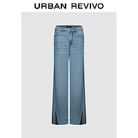 URBAN REVIVO 女士时髦复古水洗开衩阔腿牛仔长裤 UWH840088 蓝色 30