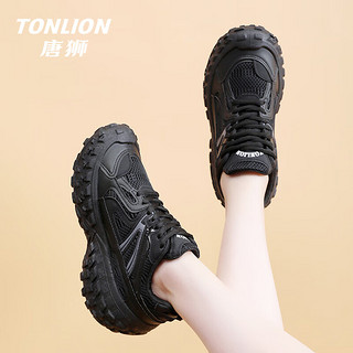 唐狮（TonLion）鞋子女鞋春夏季厚底老爹鞋女款透气网面鞋女士运动小白鞋 黑色 37 37码
