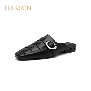 哈森凉拖鞋女2024夏季真皮舒适穆勒鞋粗跟外穿时装拖鞋HWM240102 黑色 35