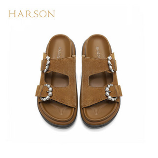 哈森拖鞋女2024夏季增高时尚高级感舒适一字式拖鞋女HWM240139 棕色 牛剖层革 36