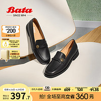 Bata 拔佳 乐福鞋女2024春季英伦风羊皮通勤粗跟百搭一脚蹬A2681AA4 黑色 38