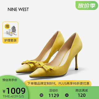 NINE WEST 玖熙 单鞋女优雅羊反绒细跟蝴蝶结浅口高跟鞋NF353039SK 鹅黄36