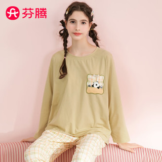 芬腾睡衣女纯棉2024年春秋格纹圆领套头长袖外穿蝶结时尚家居服套装